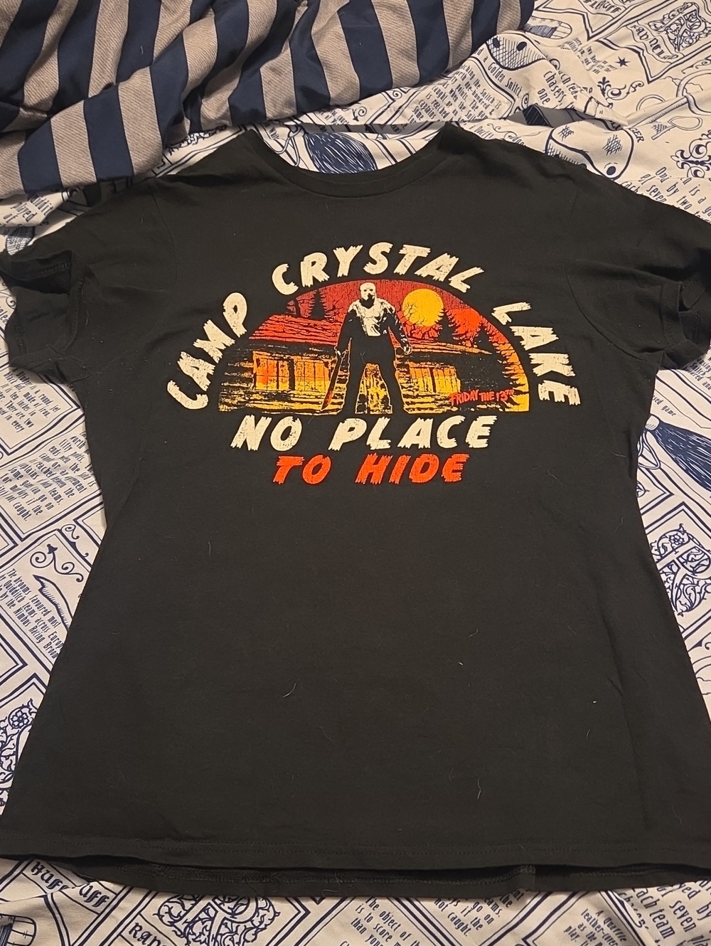 Camp Crystal Lake Graphic Tee - Black with Orange & Yellow Print. Size Small